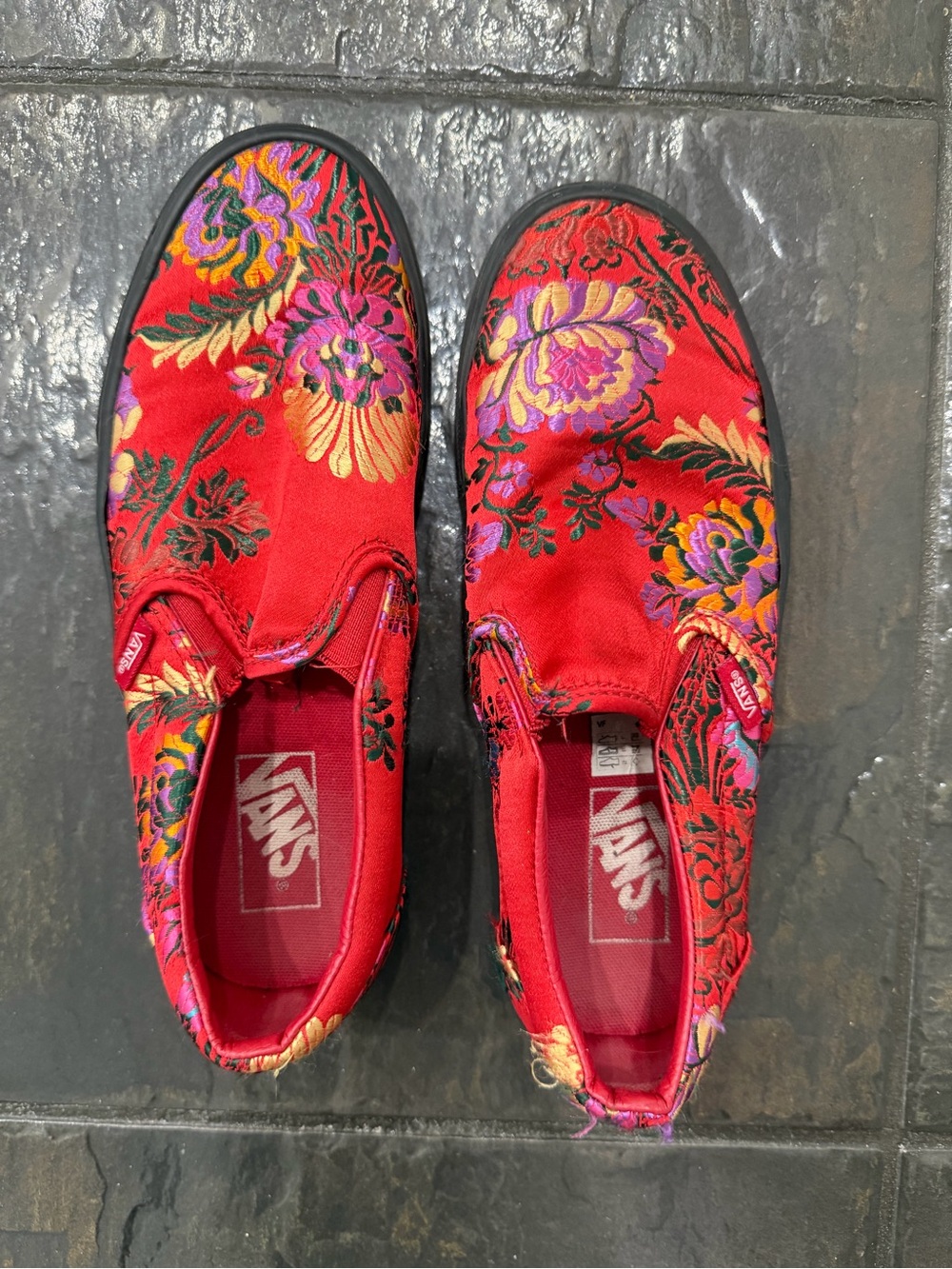 Vans Women's Slip-On Floral Brocade Sneakers - Red with Purple & Gold Accents - Picture 2 of 4